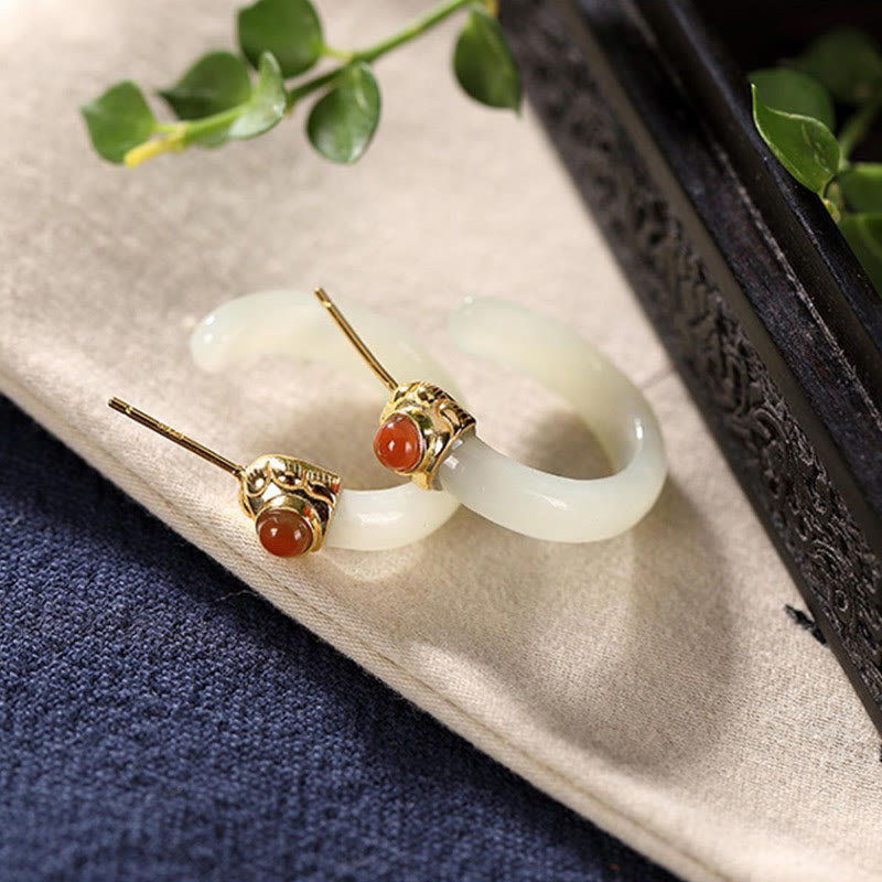 Buddha Stones 925 Sterling Silver Hetian Jade Prosperity Curved Earrings  - image 10
