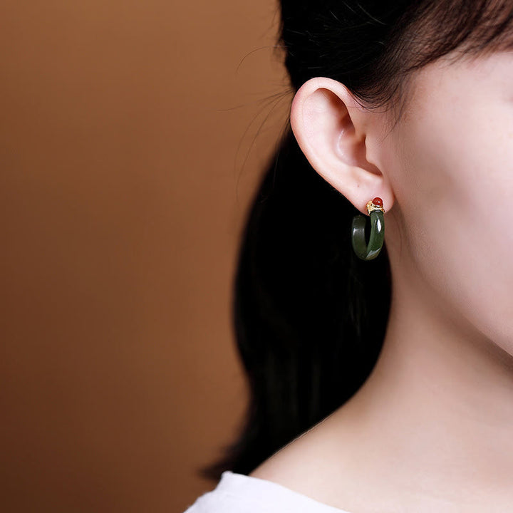 Buddha Stones 925 Sterling Silver Hetian Jade Prosperity Curved Earrings  - image 21