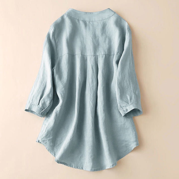 Buddha Stones Casual Women's V-neck Three Quarter Sleeve Design Plain Shirt - image 1