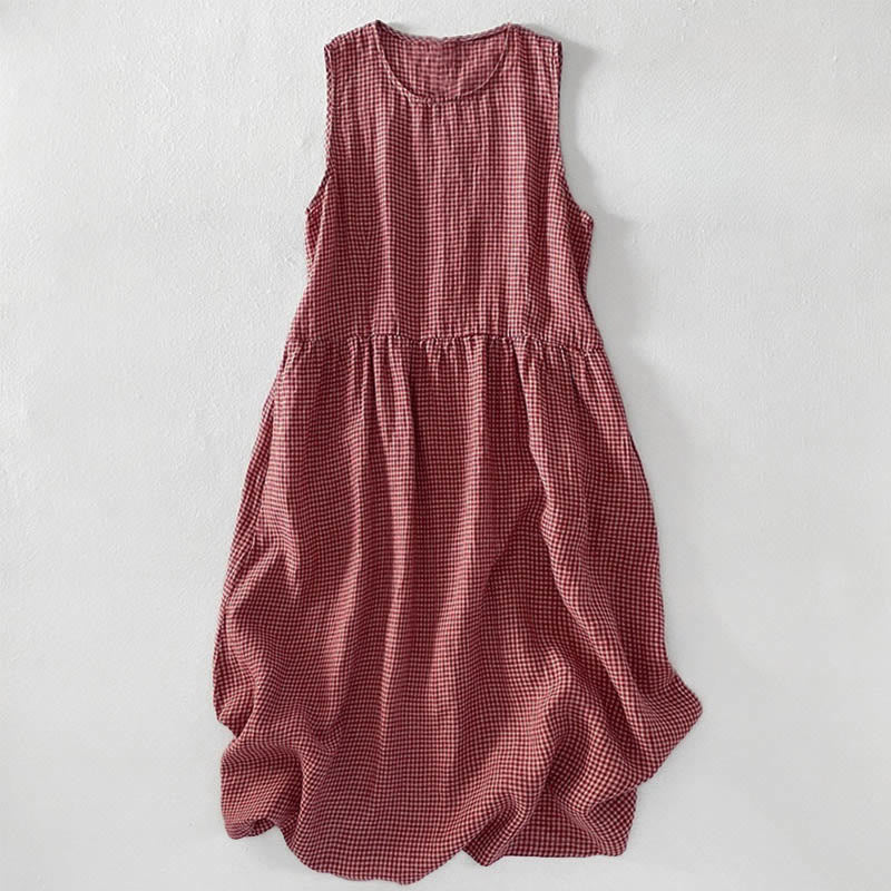 Buddha Stones Casual Plain Handmade Plaid Midi Dress Cotton Sleeveless Dress With Pockets - DarkSalmon - US14,UK/AU18,EU46 (2XL) - image 0