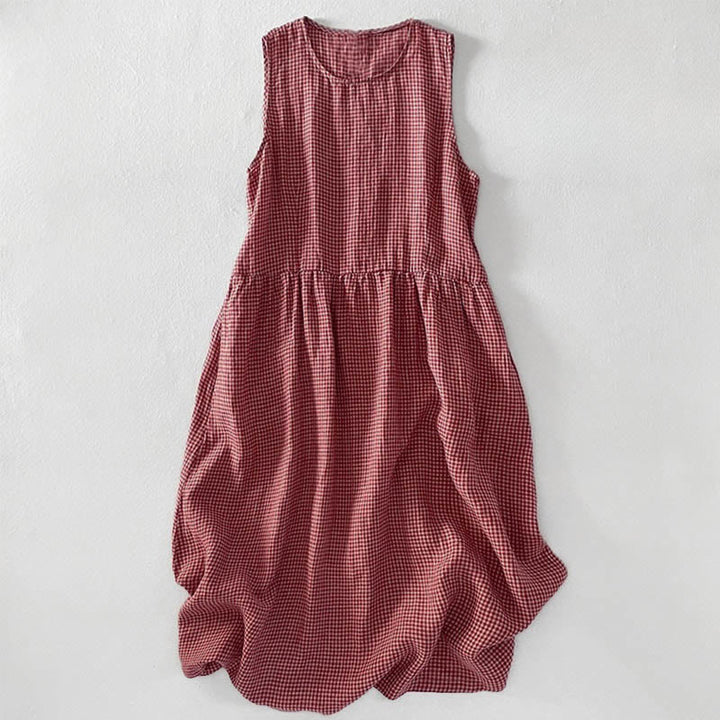 Buddha Stones Casual Plain Handmade Plaid Midi Dress Cotton Sleeveless Dress With Pockets - DarkSalmon - US14,UK/AU18,EU46 (2XL) - image 0