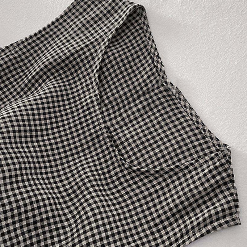 Buddha Stones Casual Plain Handmade Plaid Midi Dress Cotton Sleeveless Dress With Pockets - image 10