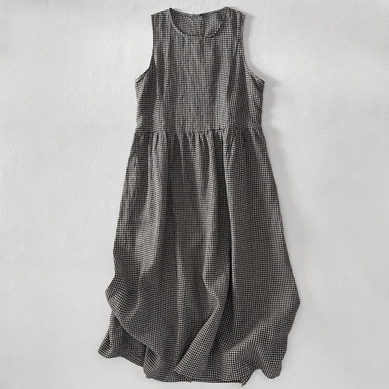 Buddha Stones Casual Plain Handmade Plaid Midi Dress Cotton Sleeveless Dress With Pockets - DimGray - US14,UK/AU18,EU46 (2XL) - image 9