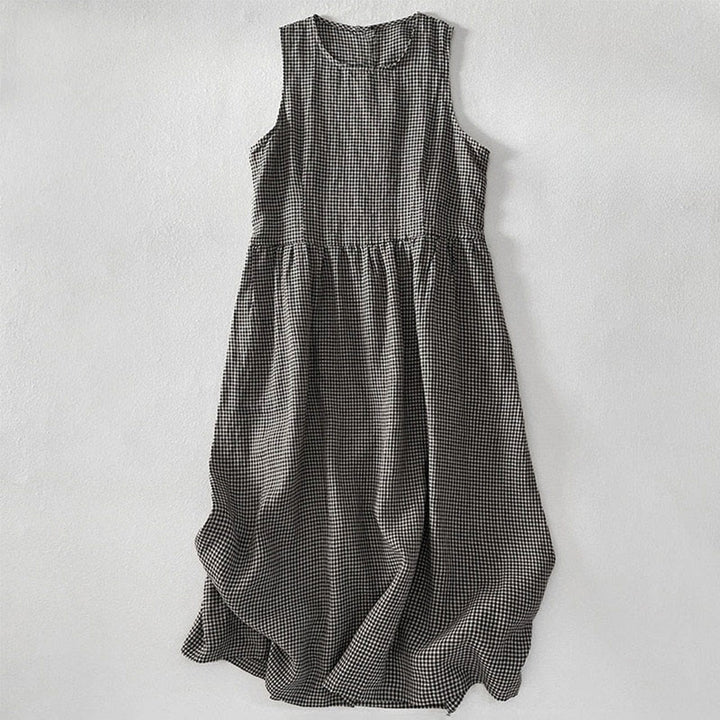 Buddha Stones Casual Plain Handmade Plaid Midi Dress Cotton Sleeveless Dress With Pockets - DimGray - US14,UK/AU18,EU46 (2XL) - image 9