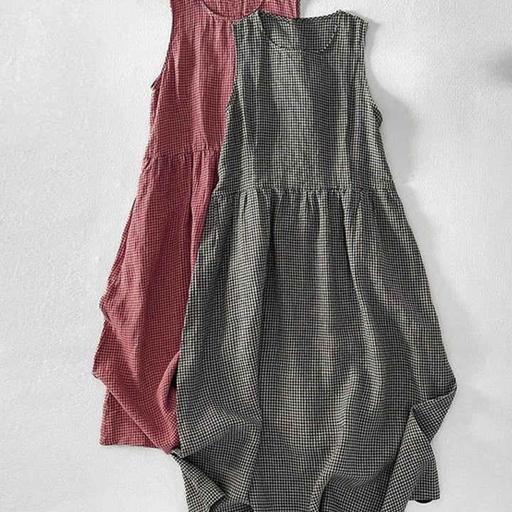 Buddha Stones Casual Plain Handmade Plaid Midi Dress Cotton Sleeveless Dress With Pockets - image 17