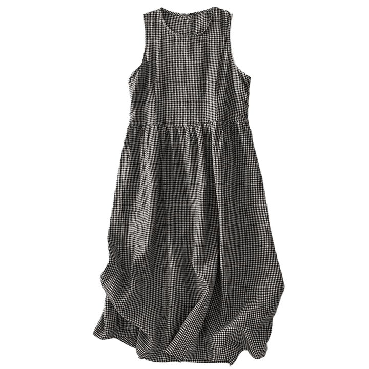 Buddha Stones Casual Plain Handmade Plaid Midi Dress Cotton Sleeveless Dress With Pockets - image 16