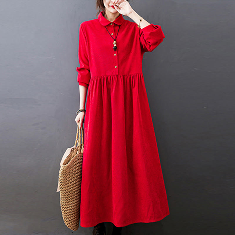 Buddha Stones Fall Buttons Design Long Sleeve Cotton Corduroy Midi Dress With Pockets - Red - US8-10,UK/AU12-14,EU40-42 (2XL) - image 9