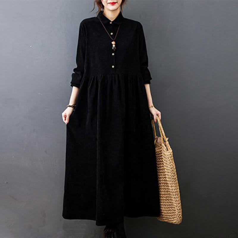Buddha Stones Fall Buttons Design Long Sleeve Cotton Corduroy Midi Dress With Pockets - Black - US8-10,UK/AU12-14,EU40-42 (2XL) - image 0