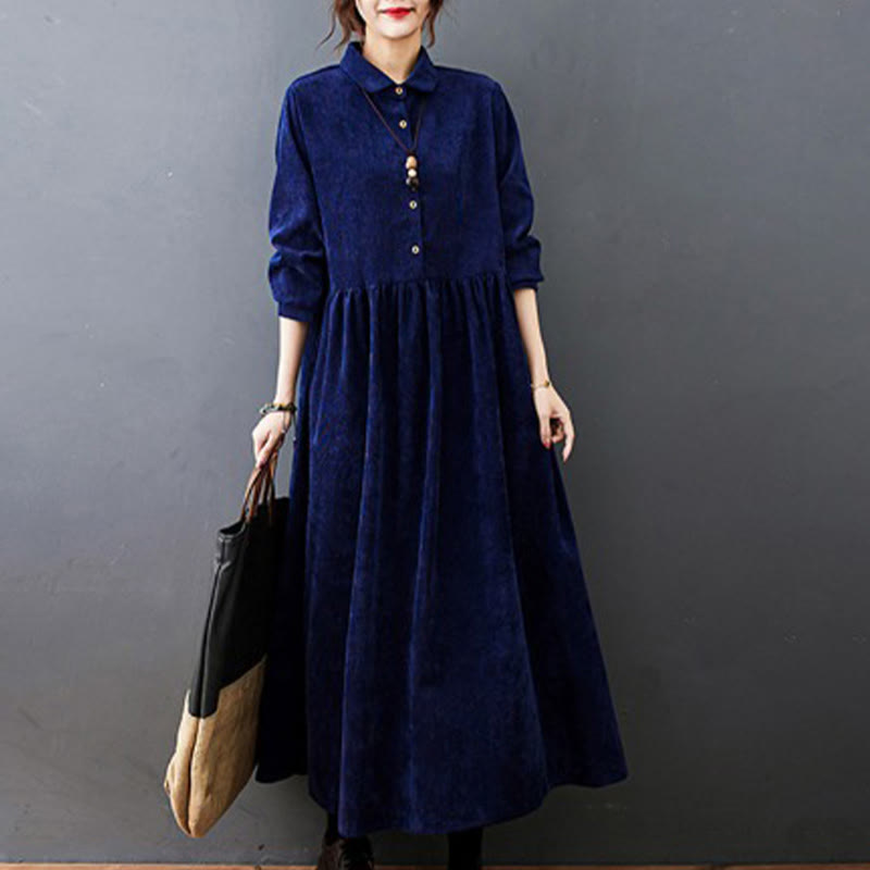 Buddha Stones Fall Buttons Design Long Sleeve Cotton Corduroy Midi Dress With Pockets - MidnightBlue - US8-10,UK/AU12-14,EU40-42 (2XL) - image 20
