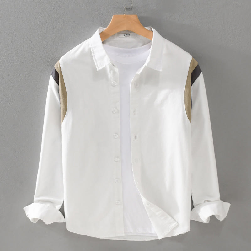 Buddha Stones Spring Color Contrast Patchwork Design Long Sleeve Men Cotton Shirt Clothing - White - US/UK/AU42,EU52 (3XL) - image 0