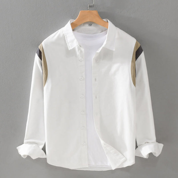Buddha Stones Spring Color Contrast Patchwork Design Long Sleeve Men Cotton Shirt Clothing - White - US/UK/AU42,EU52 (3XL) - image 0