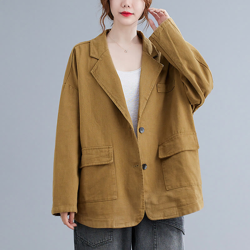 Buddha Stones Solid Color Women's Long Sleeve Cotton Blazer Jacket With Pockets - Goldenrod - US14,UK/AU18,EU46 (2XL) - image 0