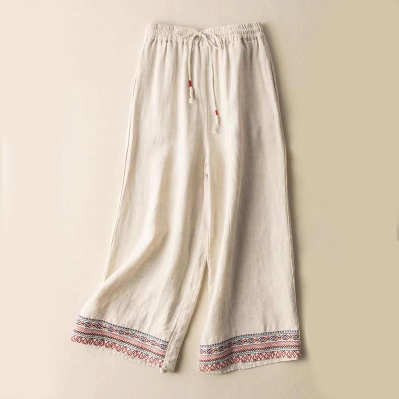 Buddha Stones Plain Bohemian Stripes Women's Wide Leg Cotton Pants With Pockets - Beige - US14,UK/AU18,EU46 (4XL) - image 1