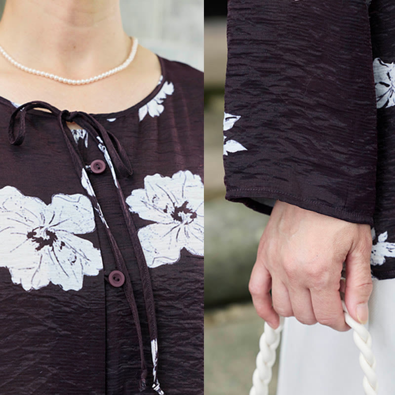 Buddha Stones Black Floral Flowers Lace-Up Buttons Long Sleeve Women's Shirt For Older Adults - image 6