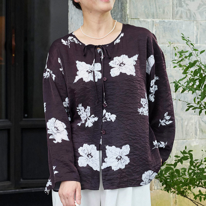 Buddha Stones Black Floral Flowers Lace-Up Buttons Long Sleeve Women's Shirt For Older Adults - Black - US14,UK/AU18,EU46 (2XL) - image 0