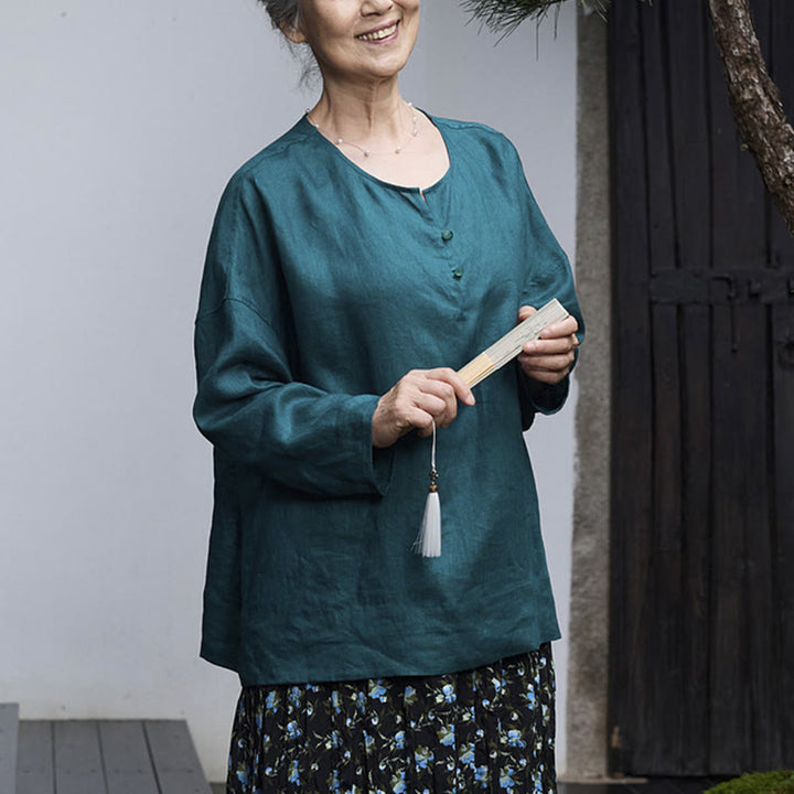 Buddha Stones Solid Color Linen Long Sleeve Women's Shirt For Older Adults - image 10