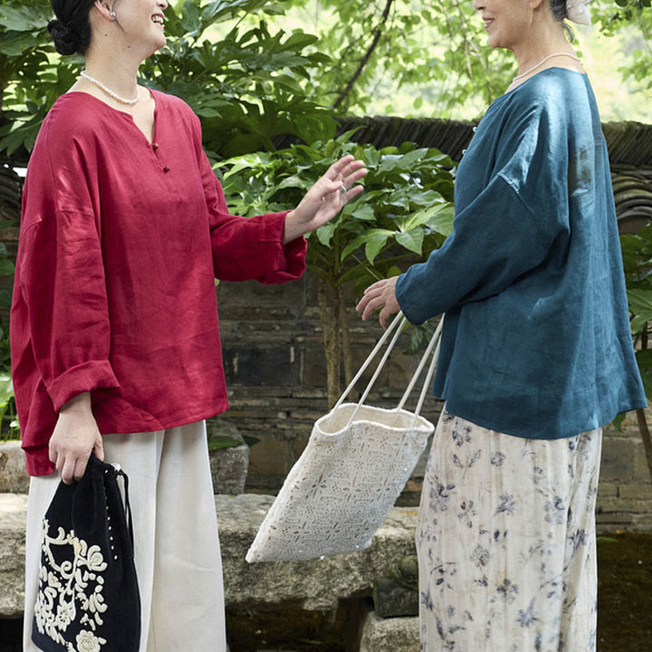 Buddha Stones Solid Color Linen Long Sleeve Women's Shirt For Older Adults - image 36