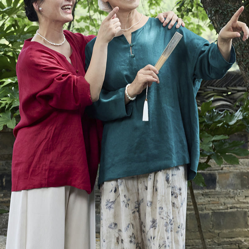 Buddha Stones Solid Color Linen Long Sleeve Women's Shirt For Older Adults - image 25