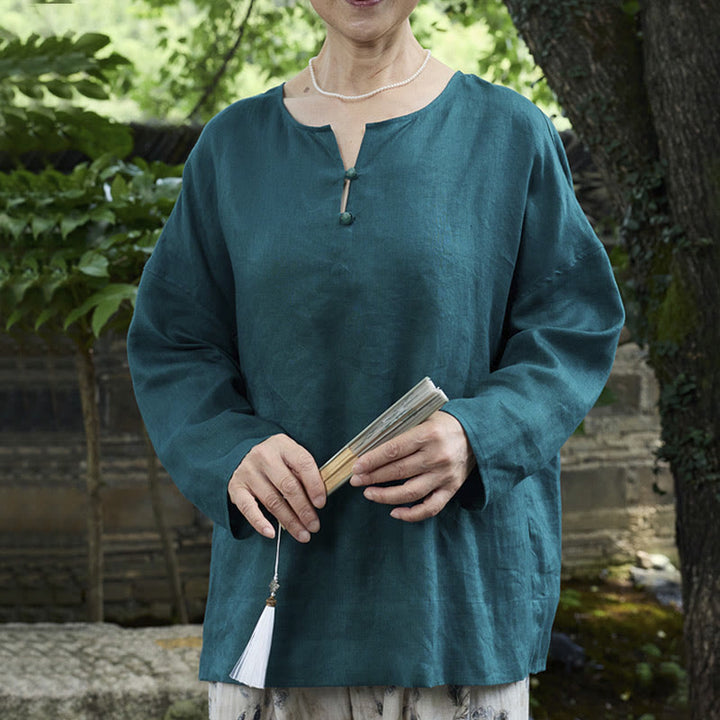 Buddha Stones Solid Color Linen Long Sleeve Women's Shirt For Older Adults - Teal - US14,UK/AU18,EU46 (2XL) - image 0