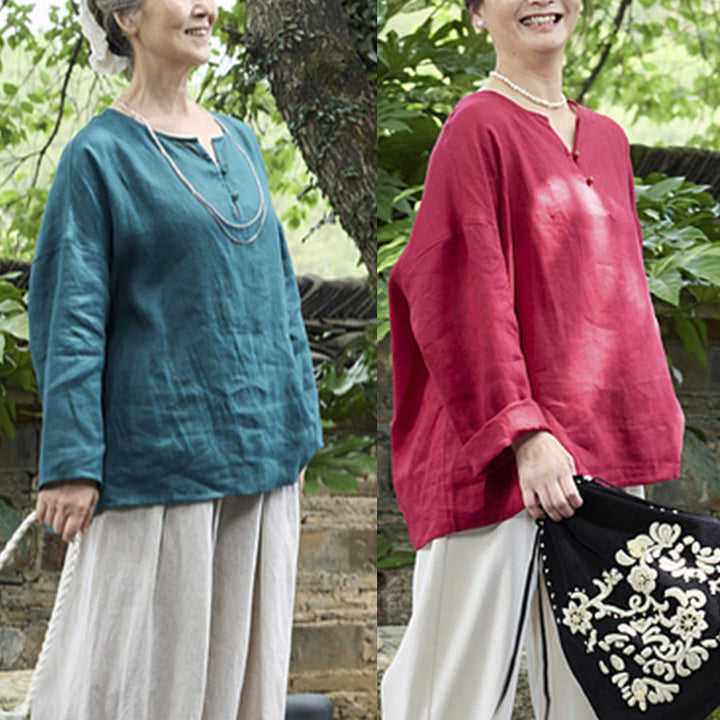 Buddha Stones Solid Color Linen Long Sleeve Women's Shirt For Older Adults - image 33