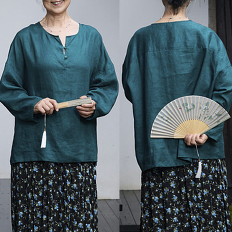 Buddha Stones Solid Color Linen Long Sleeve Women's Shirt For Older Adults - image 2