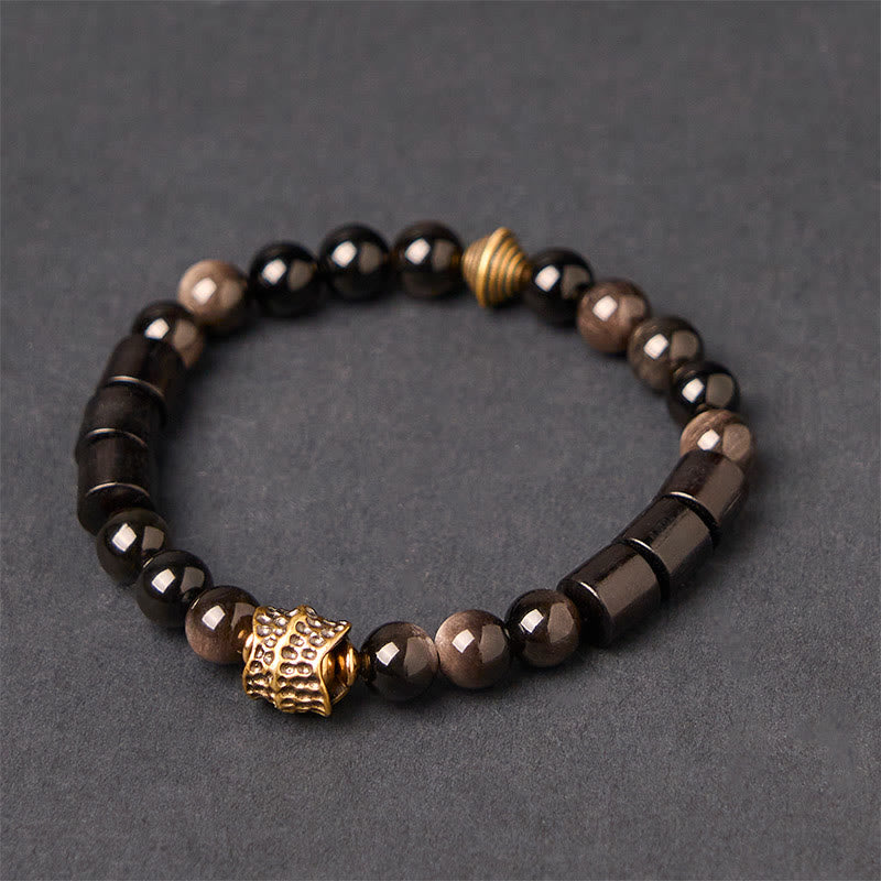 Buddha Stones Silver Sheen Obsidian Ebony Protection Bracelet - Silver Sheen Obsidian & Ebony Wood(Wrist Circumference: 18-20cm) - image 0