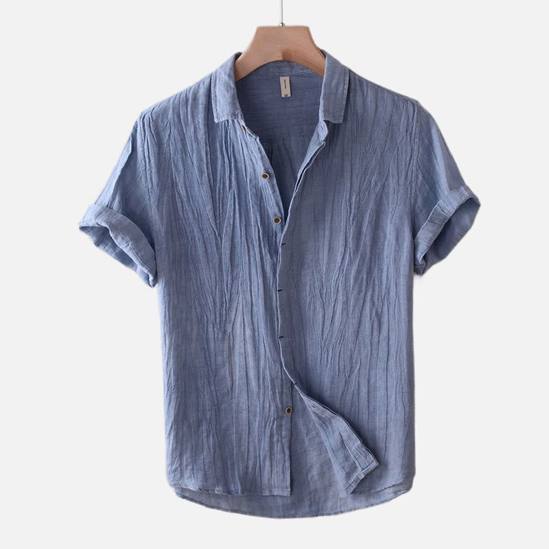 Buddha Stones Men's Shirt Solid Color Lapel Top Short Sleeve Comfy Button Crease Cotton Linen Shirt - Short Sleeve - CornflowerBlue - US/UK/AU50,EU60 (5XL) - image 0