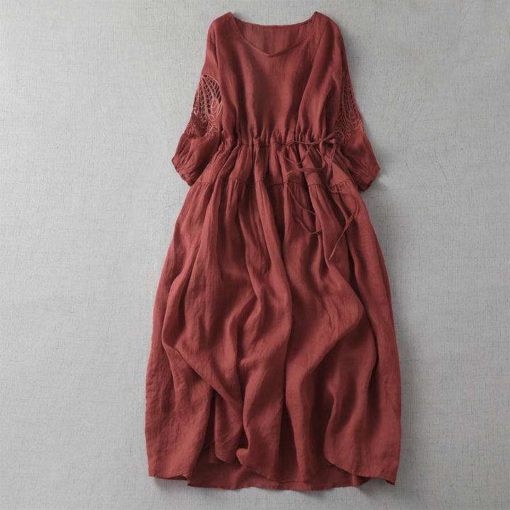 Buddha Stones Embroidery Patchwork Long Puff Sleeve Drawstring Midi Dress With Pockets - Crimson - US8-10,UK/AU12-14,EU40-42 (2XL) - image 3