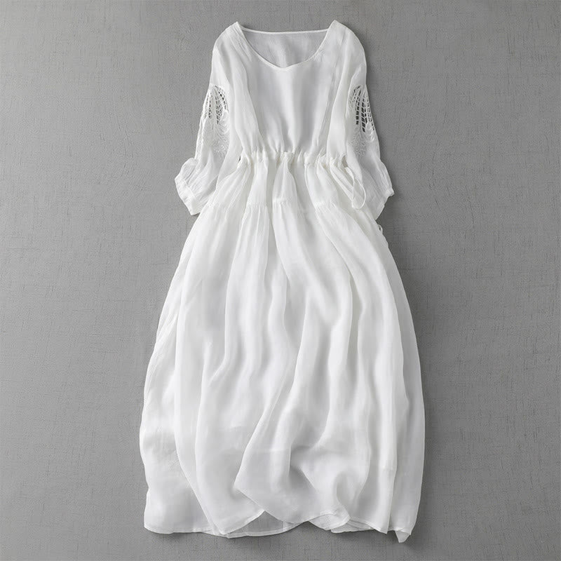Buddha Stones Embroidery Patchwork Long Puff Sleeve Drawstring Midi Dress With Pockets - White - US8-10,UK/AU12-14,EU40-42 (2XL) - image 19