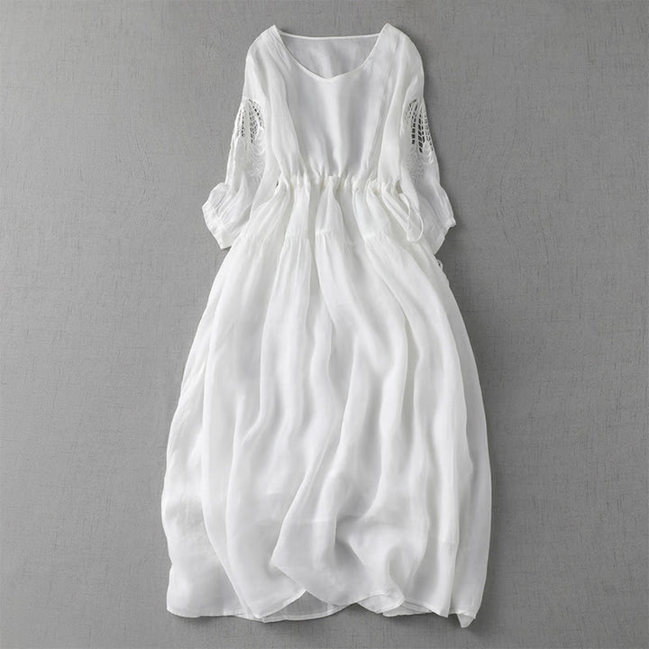 Buddha Stones Embroidery Patchwork Long Puff Sleeve Drawstring Midi Dress With Pockets - White - US8-10,UK/AU12-14,EU40-42 (2XL) - image 19