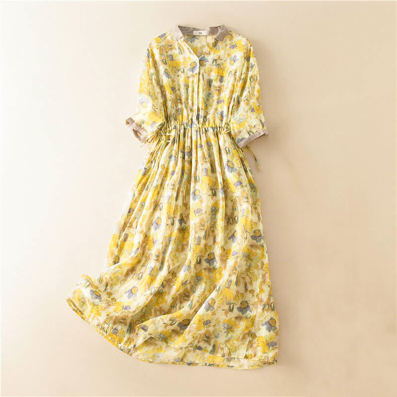 Buddha Stones Half Sleeve Color Contrast Floral Pattern Midi Dress With Pockets - Yellow - US12,UK/AU16,EU44 (3XL) - image 13