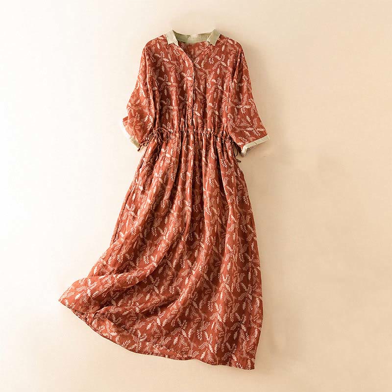 Buddha Stones Half Sleeve Color Contrast Floral Pattern Midi Dress With Pockets - FireBrick - US12,UK/AU16,EU44 (3XL) - image 20