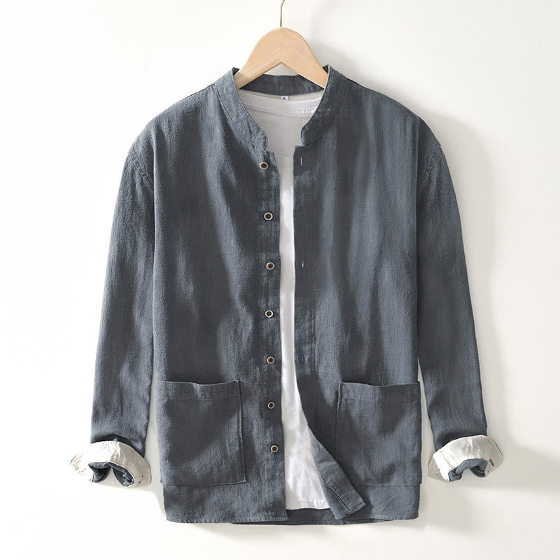 Buddha Stones Fall Solid Long Sleeve Buttons Men's Ramie Cotton Shirt With Pockets - DarkGray - US/UK/AU42,EU52 (3XL) - image 17