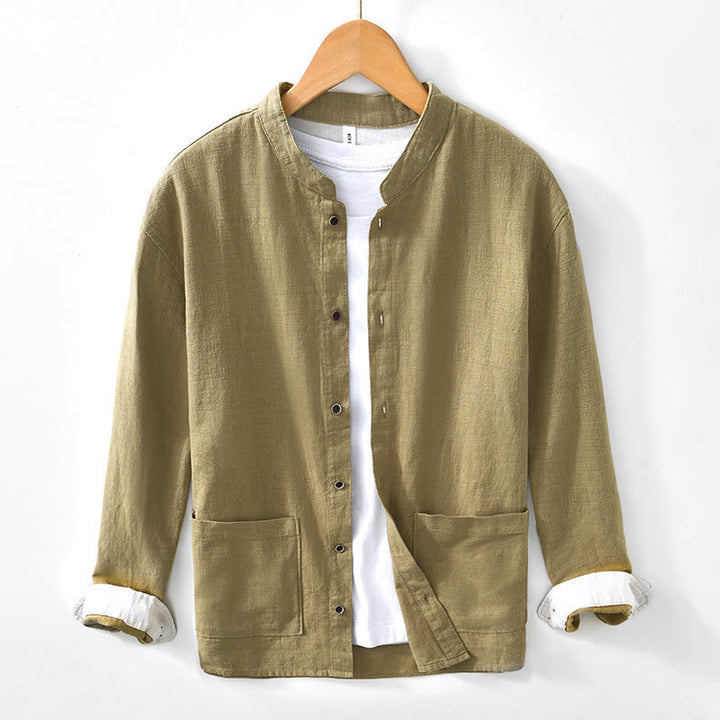 Buddha Stones Fall Solid Long Sleeve Buttons Men's Ramie Cotton Shirt With Pockets - Khaki - US/UK/AU42,EU52 (3XL) - image 24