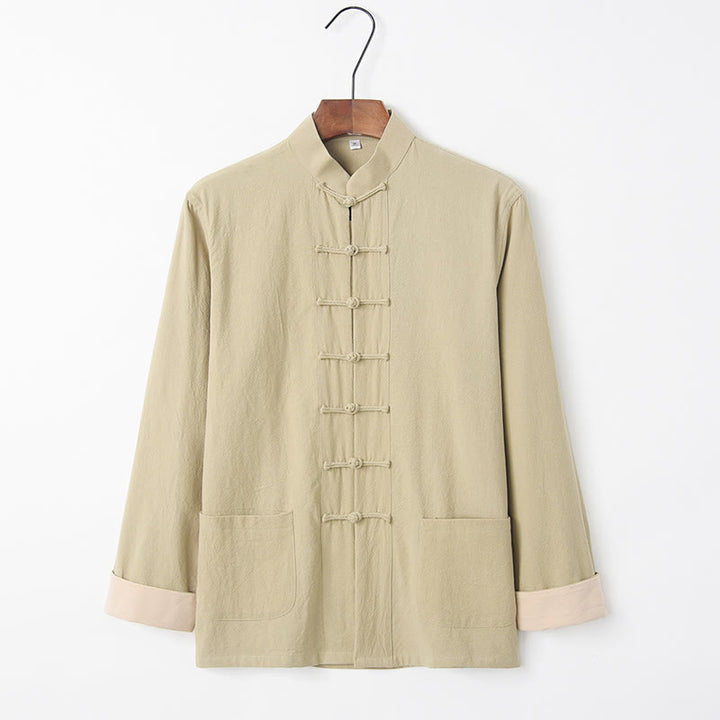 Buddha Stones Solid Long Sleeve Frog-Button Design Cotton Men's Shirt - PaleGoldenrod - US/UK/AU44,EU54 (4XL) - image 15