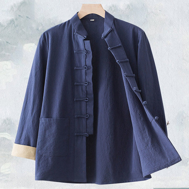 Buddha Stones Solid Long Sleeve Frog-Button Design Cotton Men's Shirt - SteelBlue - US/UK/AU44,EU54 (4XL) - image 0