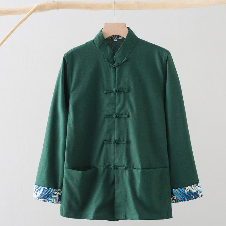 Buddha Stones Solid Embroidered Waves Long Sleeve Frog-Button Cotton Linen Men's Shirt - SeaGreen - US/UK/AU44,EU54 (4XL) - image 9