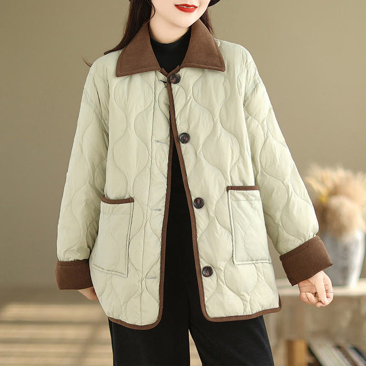 Buddha Stones Contrasting Color Lapel Women's Long Sleeve Cotton Jacket With Pockets - PaleGoldenrod - US14,UK/AU18,EU46 (2XL) - image 13
