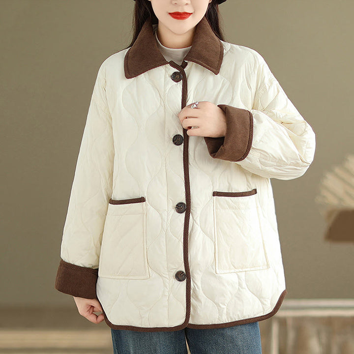 Buddha Stones Contrasting Color Lapel Women's Long Sleeve Cotton Jacket With Pockets - FloralWhite - US14,UK/AU18,EU46 (2XL) - image 0