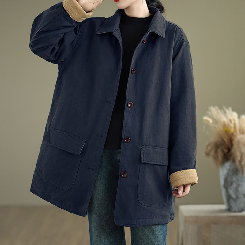 Buddha Stones Plain Lapel Buttons Design Women's Long Sleeve Quilted Cotton Jacket With Pockets - MidnightBlue - US12,UK/AU16,EU44 (XL) - image 12