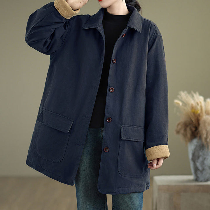 Buddha Stones Plain Lapel Buttons Design Women's Long Sleeve Quilted Cotton Jacket With Pockets - MidnightBlue - US12,UK/AU16,EU44 (XL) - image 12