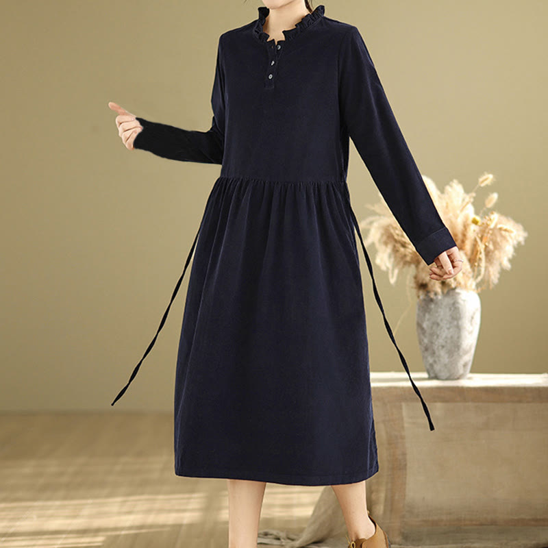 Buddha Stones Lace-Up Design Ruffled Crew Neck Cotton Corduroy Long Sleeve Midi Dress With Pockets - MidnightBlue - US12,UK/AU16,EU44 (2XL) - image 0