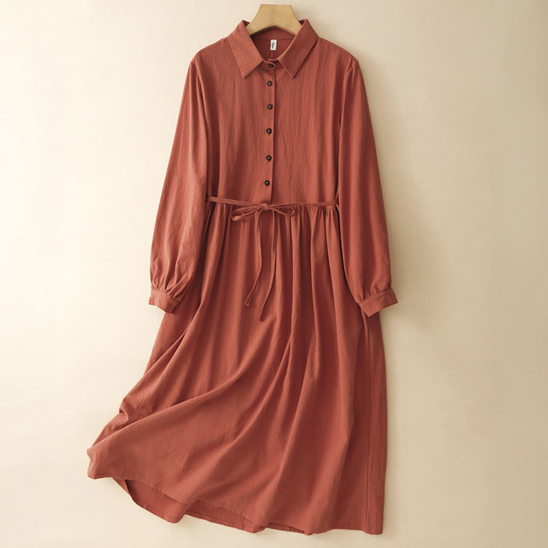 Buddha Stones Fall Lapel Buttons Lace-Up Design Cotton Long Sleeve Midi Dress With Pockets - OrangeRed - US14,UK/AU18,EU46 (2XL) - image 0