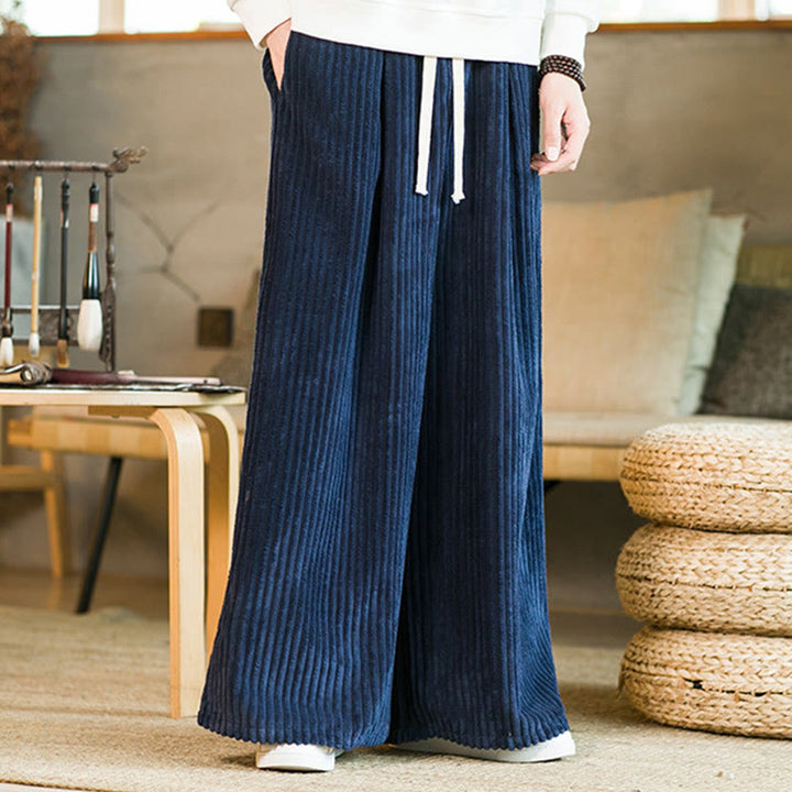 Buddha Stones Commute Plain Drawstring Men's Wide Leg Cotton Corduroy Pants With Pockets - image 16