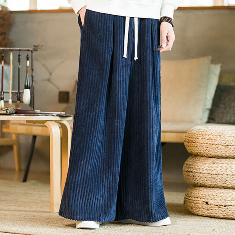 Buddha Stones Commute Plain Drawstring Men's Wide Leg Cotton Corduroy Pants With Pockets - image 16