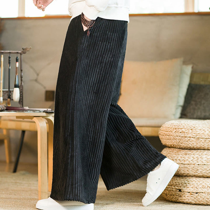 Buddha Stones Commute Plain Drawstring Men's Wide Leg Cotton Corduroy Pants With Pockets - image 1