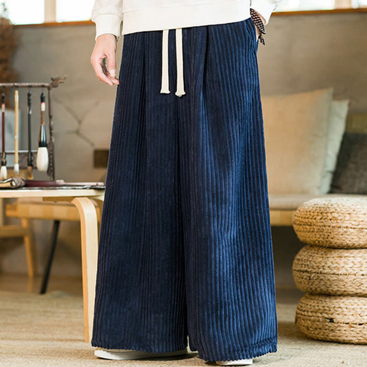 Buddha Stones Commute Plain Drawstring Men's Wide Leg Cotton Corduroy Pants With Pockets - image 17