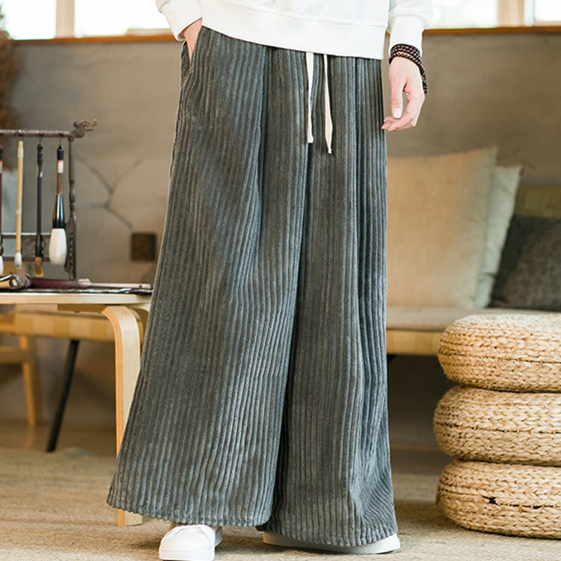 Buddha Stones Commute Plain Drawstring Men's Wide Leg Cotton Corduroy Pants With Pockets - image 22