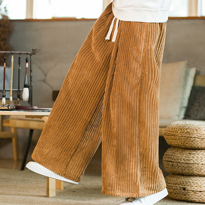Buddha Stones Commute Plain Drawstring Men's Wide Leg Cotton Corduroy Pants With Pockets - image 9