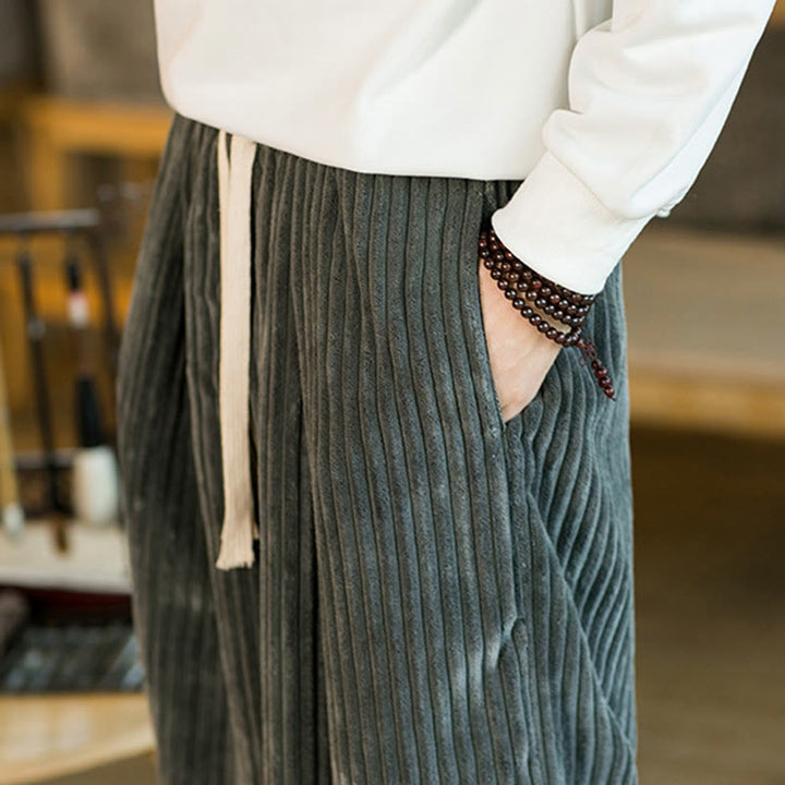 Buddha Stones Commute Plain Drawstring Men's Wide Leg Cotton Corduroy Pants With Pockets - image 25